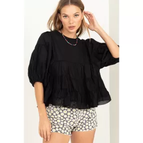 BLACK ELBOW LENGTH TIERED TOP