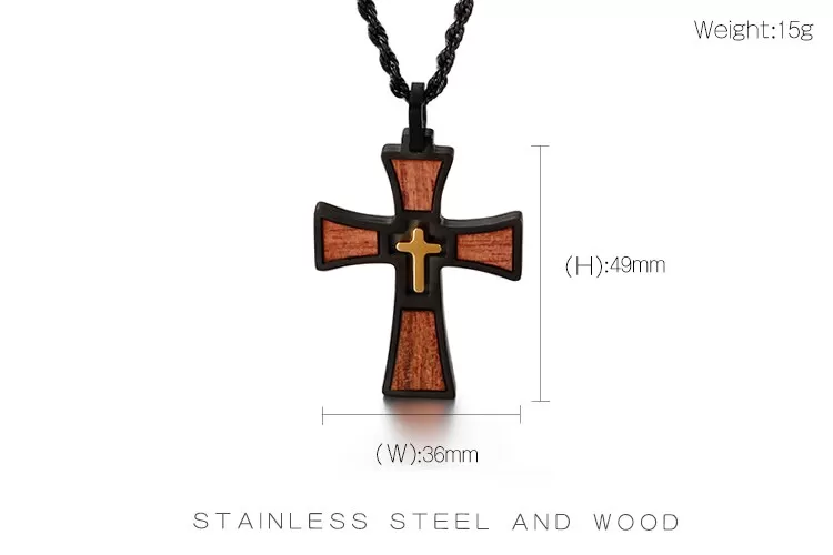 Black Stainless Steel Rosewood Inlay Cross Pendant Necklace