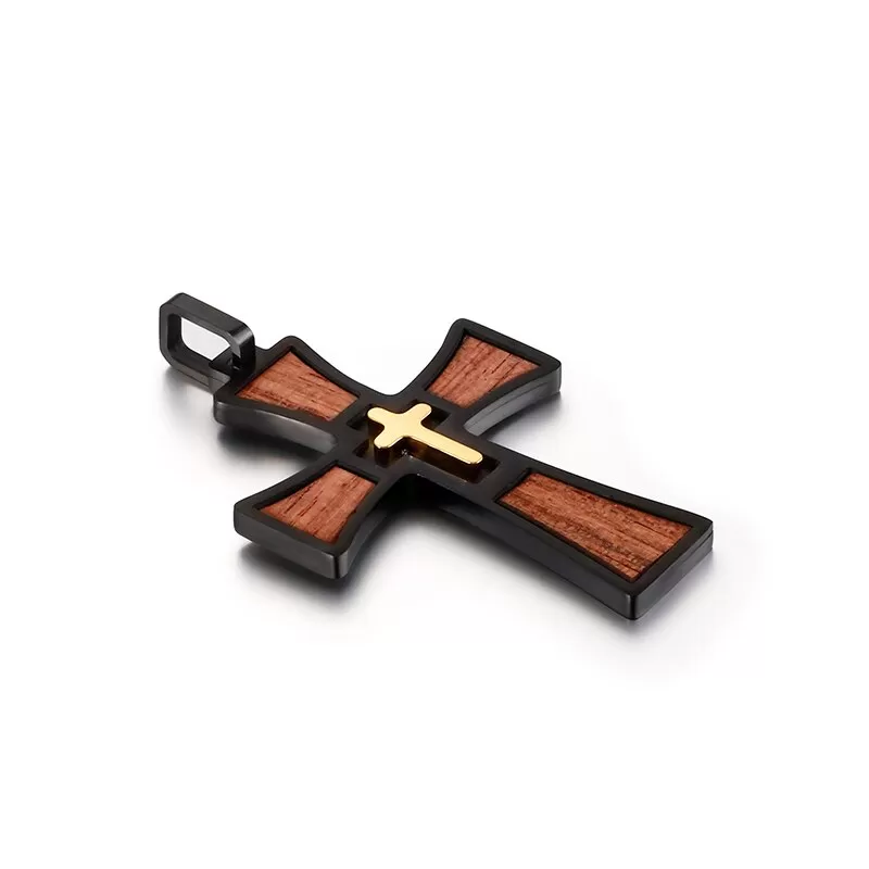 Black Stainless Steel Rosewood Inlay Cross Pendant Necklace