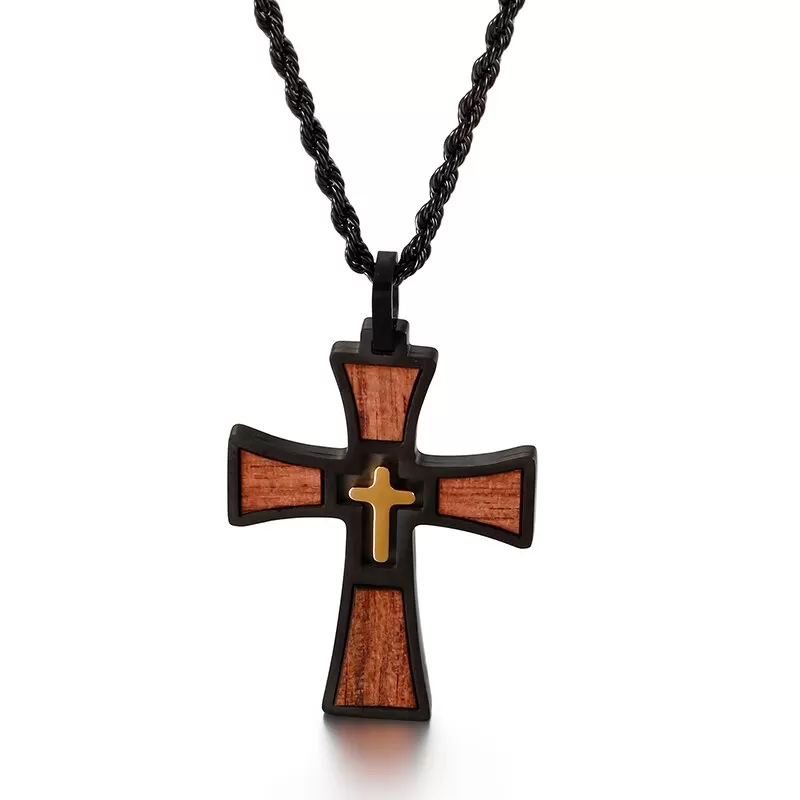 Black Stainless Steel Rosewood Inlay Cross Pendant Necklace