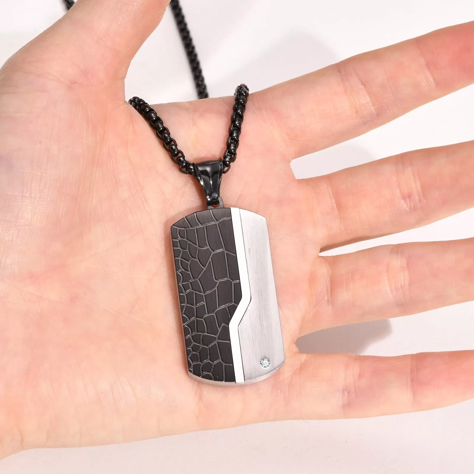 Black Stainless Steel Textured CZ Dog Tag Luxury Pendant Necklace