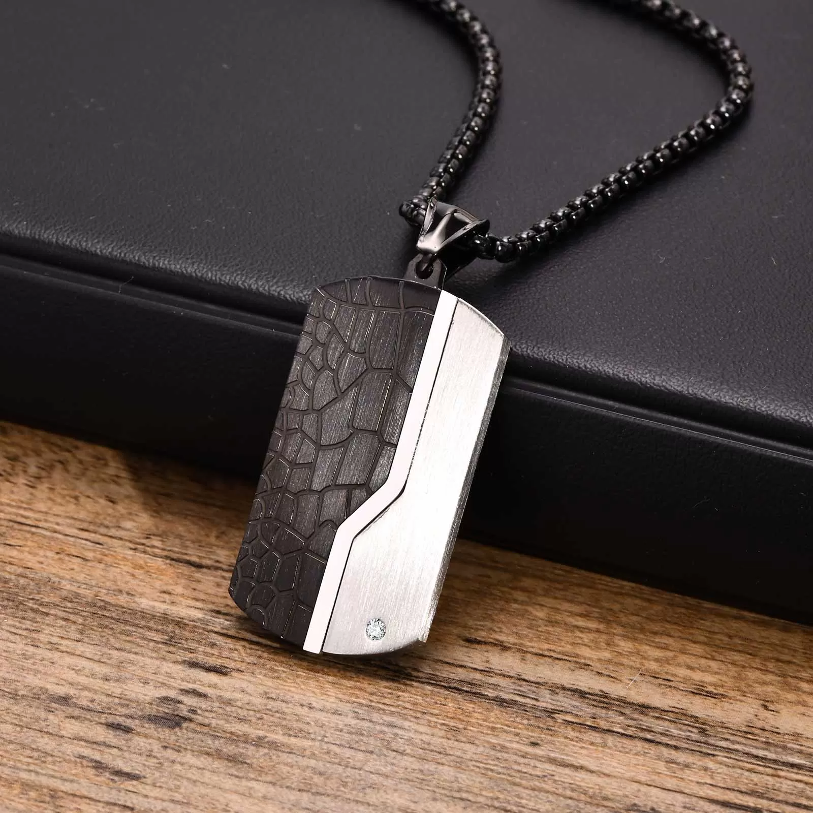 Black Stainless Steel Textured CZ Dog Tag Luxury Pendant Necklace