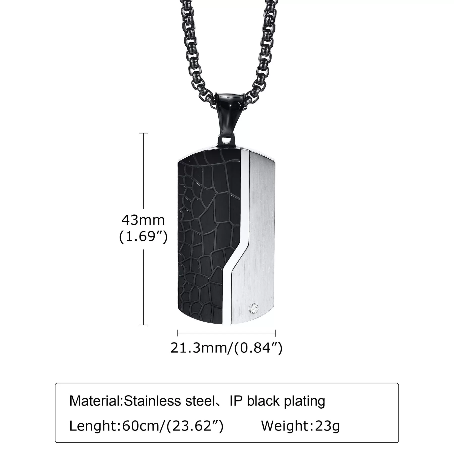 Black Stainless Steel Textured CZ Dog Tag Luxury Pendant Necklace