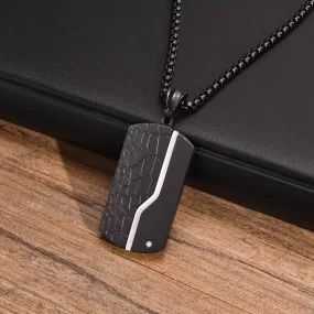 Black Stainless Steel Textured CZ Dog Tag Luxury Pendant Necklace