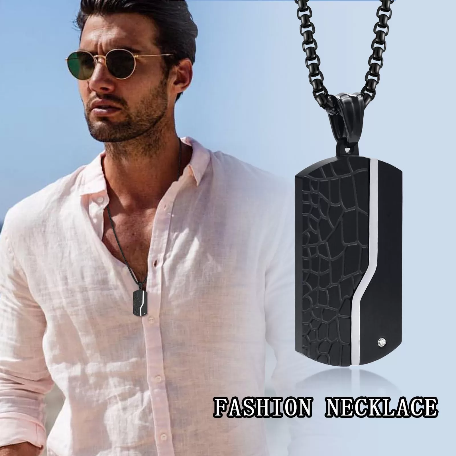 Black Stainless Steel Textured CZ Dog Tag Luxury Pendant Necklace