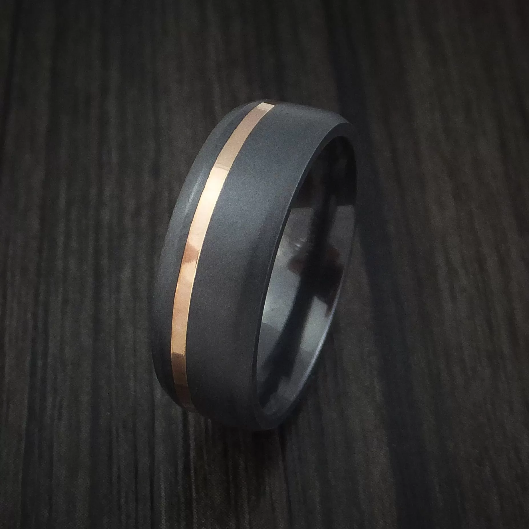 Black Titanium Men's Ring with 14k Rose Gold Inlay Custom Made Band