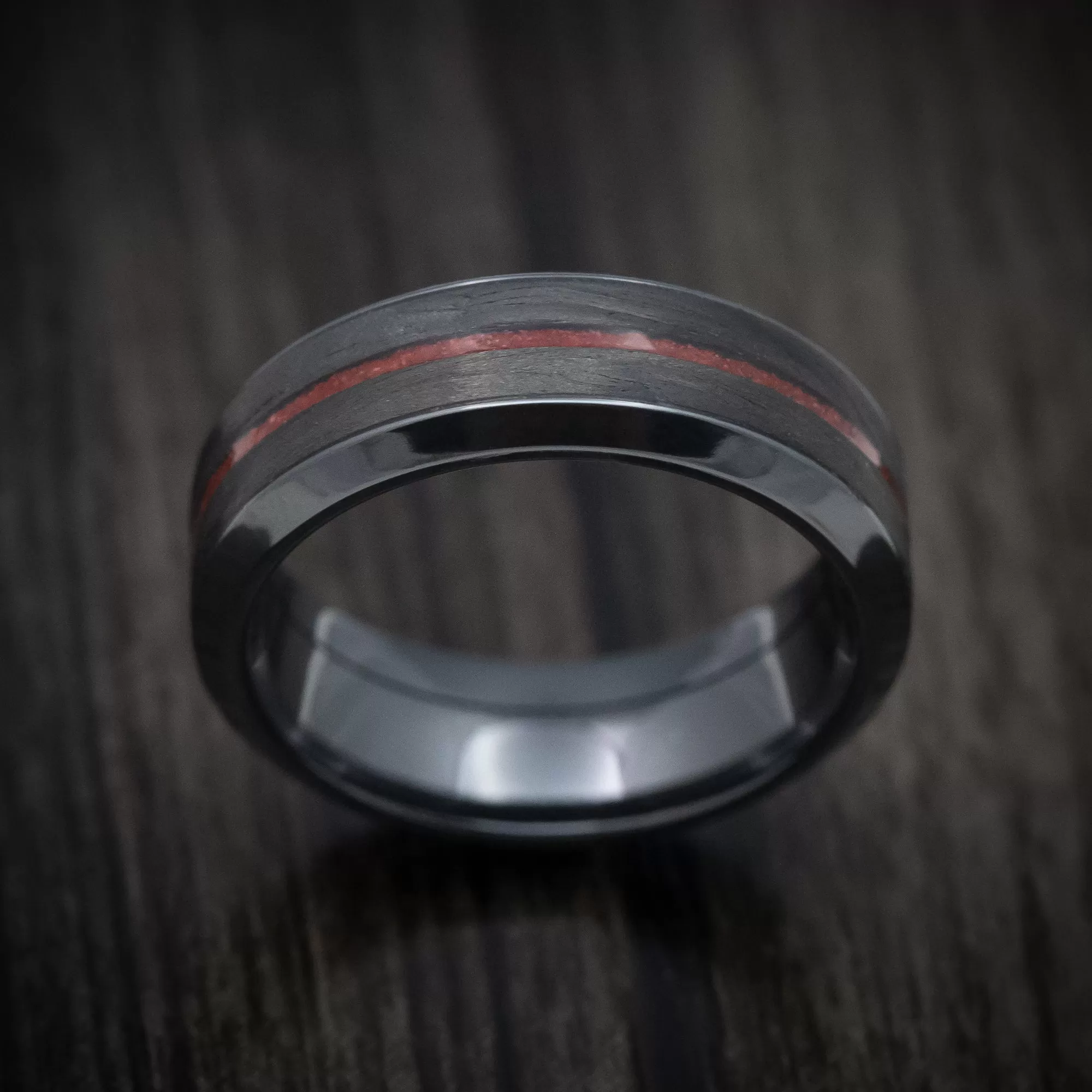 Black Titanium Men's Ring with Forged Carbon Fiber and Coral Inlays Custom Made Band