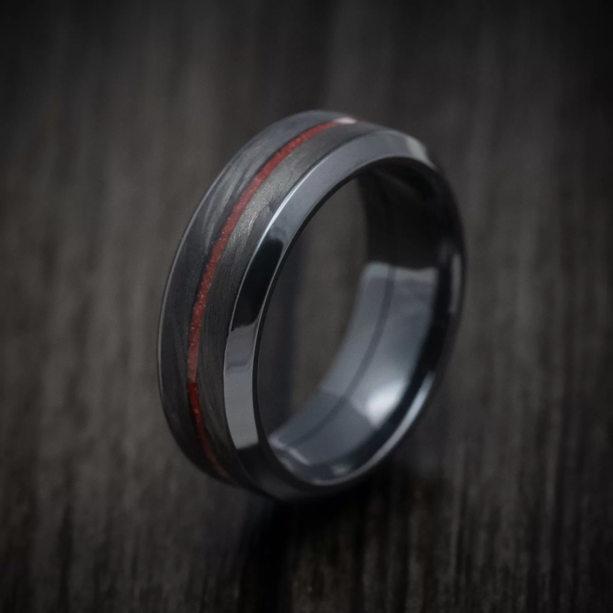 Black Titanium Men's Ring with Forged Carbon Fiber and Coral Inlays Custom Made Band