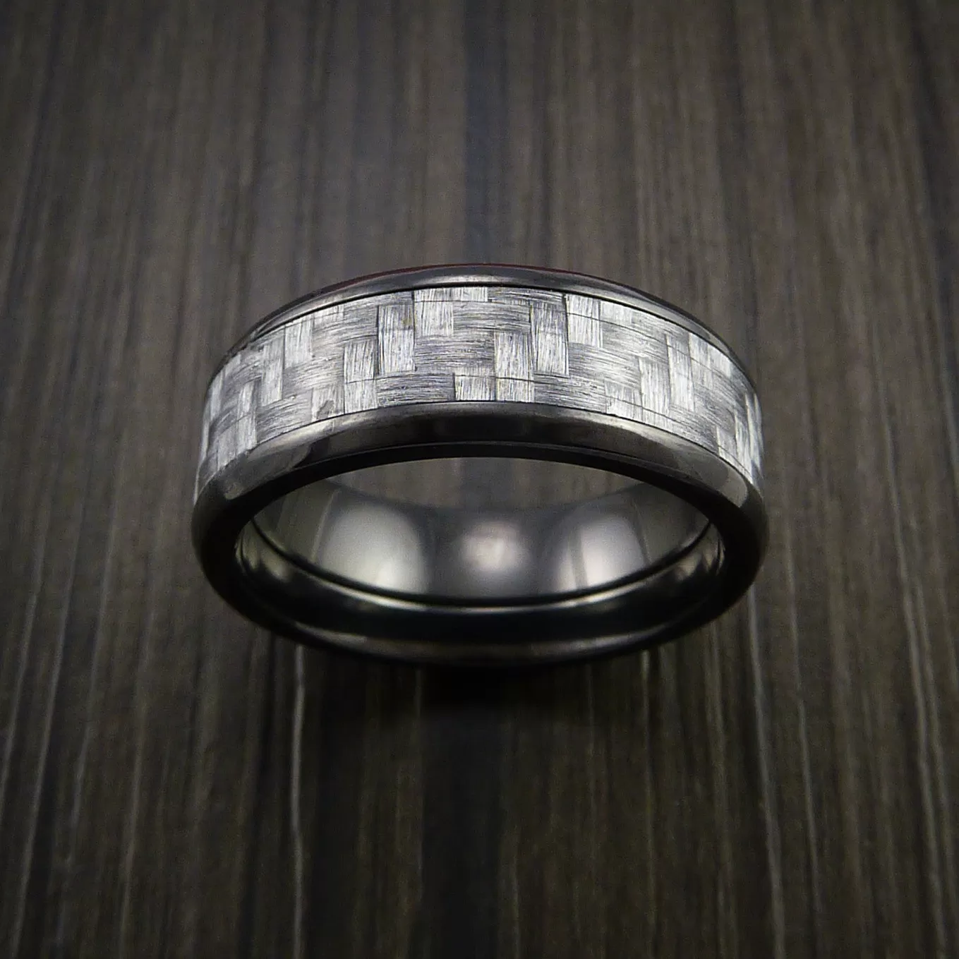 Black Titanium Men's Ring with Silver Texalium Carbon Fiber Inlay Custom Made Wedding Band