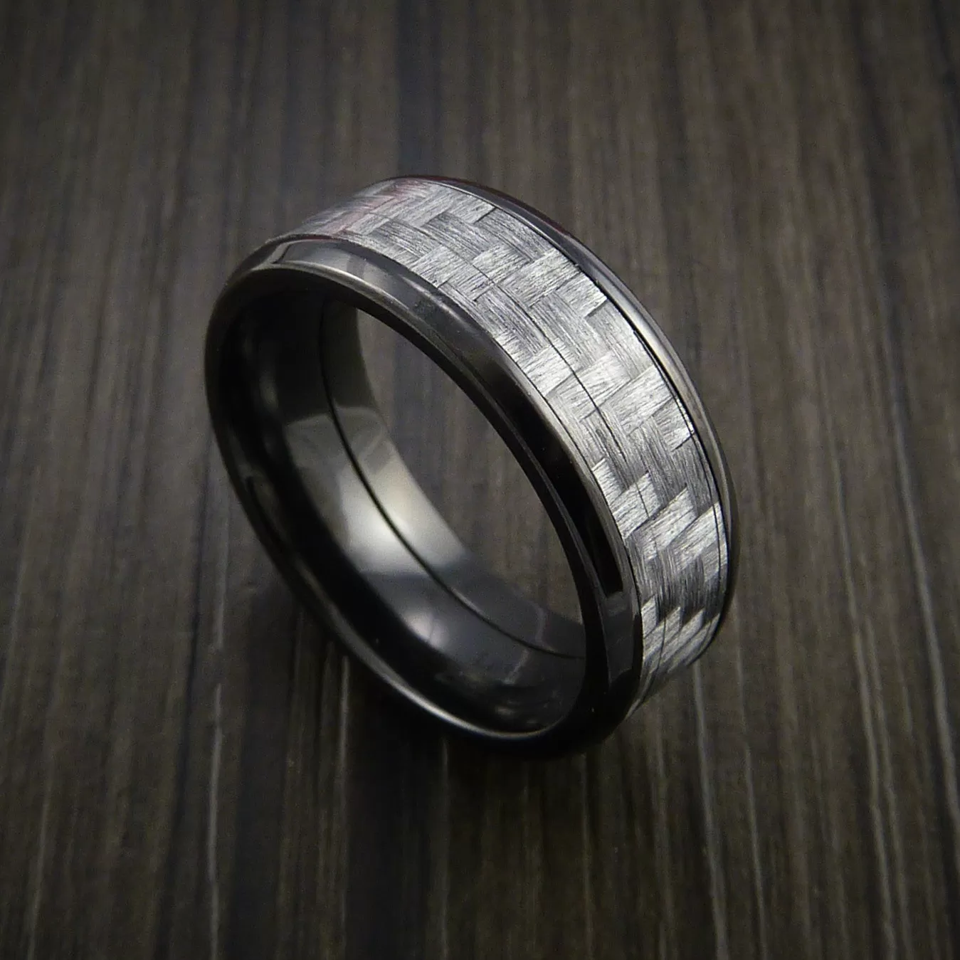 Black Titanium Men's Ring with Silver Texalium Carbon Fiber Inlay Custom Made Wedding Band