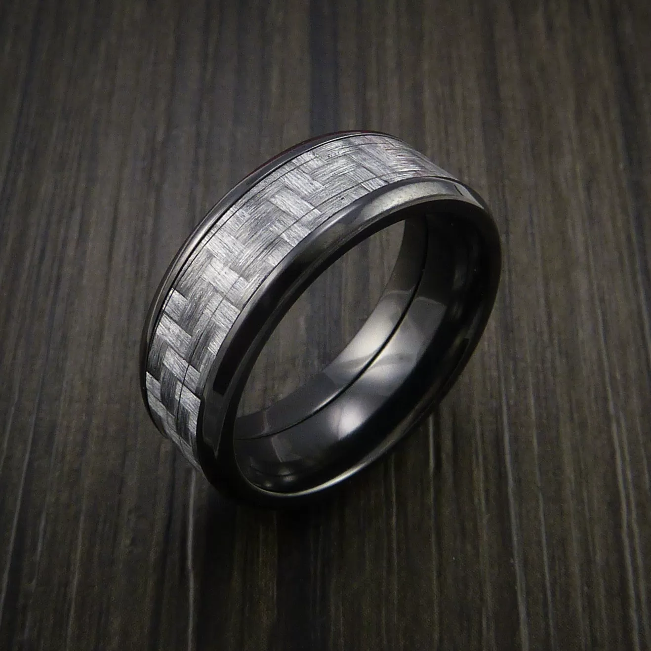 Black Titanium Men's Ring with Silver Texalium Carbon Fiber Inlay Custom Made Wedding Band