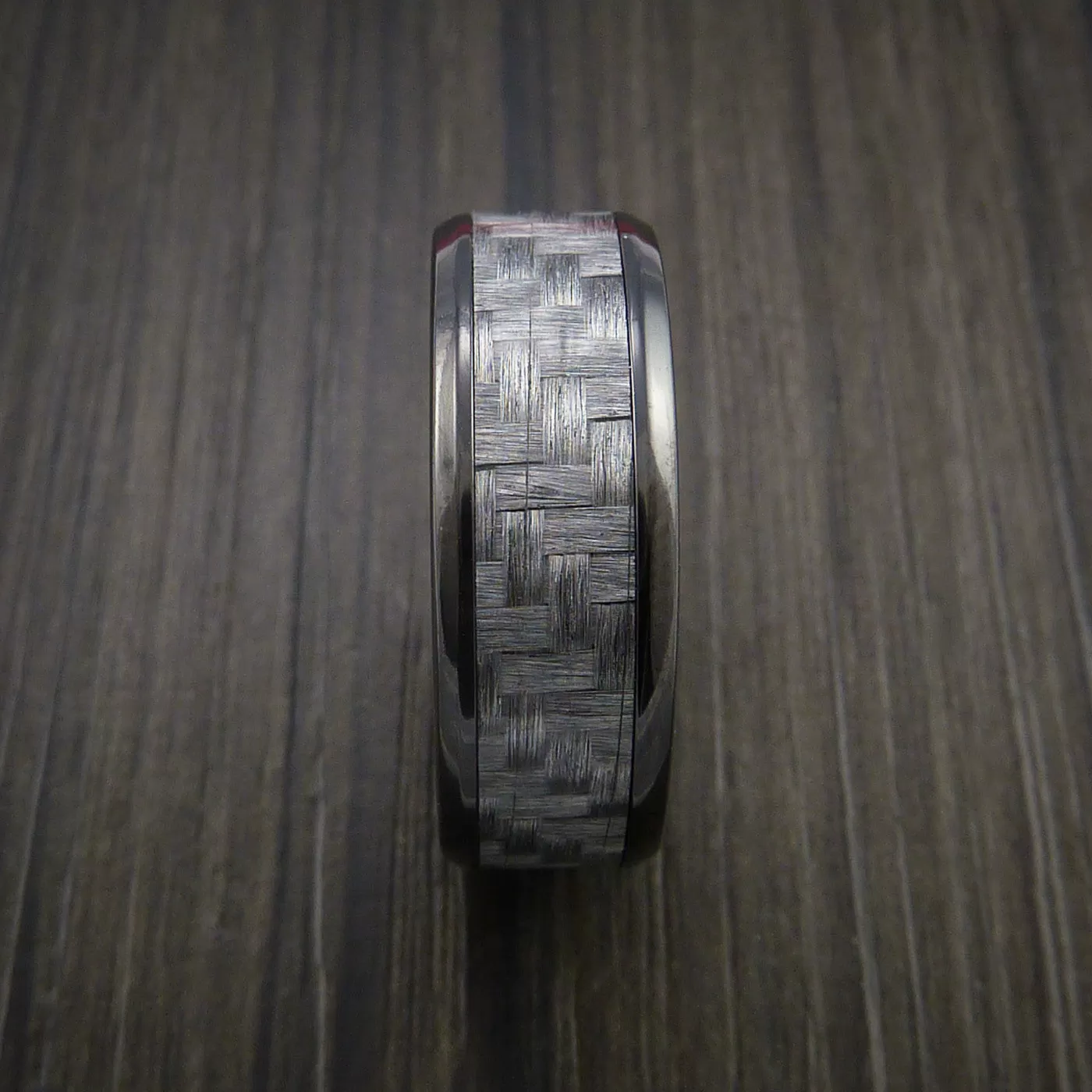 Black Titanium Men's Ring with Silver Texalium Carbon Fiber Inlay Custom Made Wedding Band