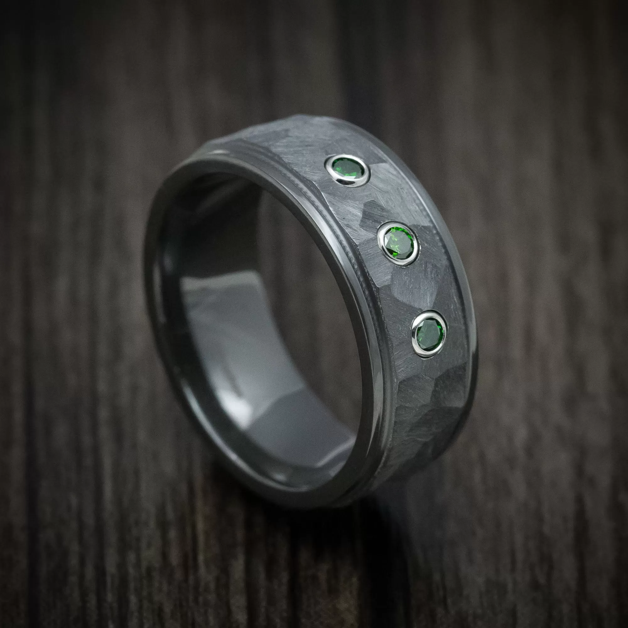 Black Zirconium and Green Diamond Men's Ring Custom Made Band