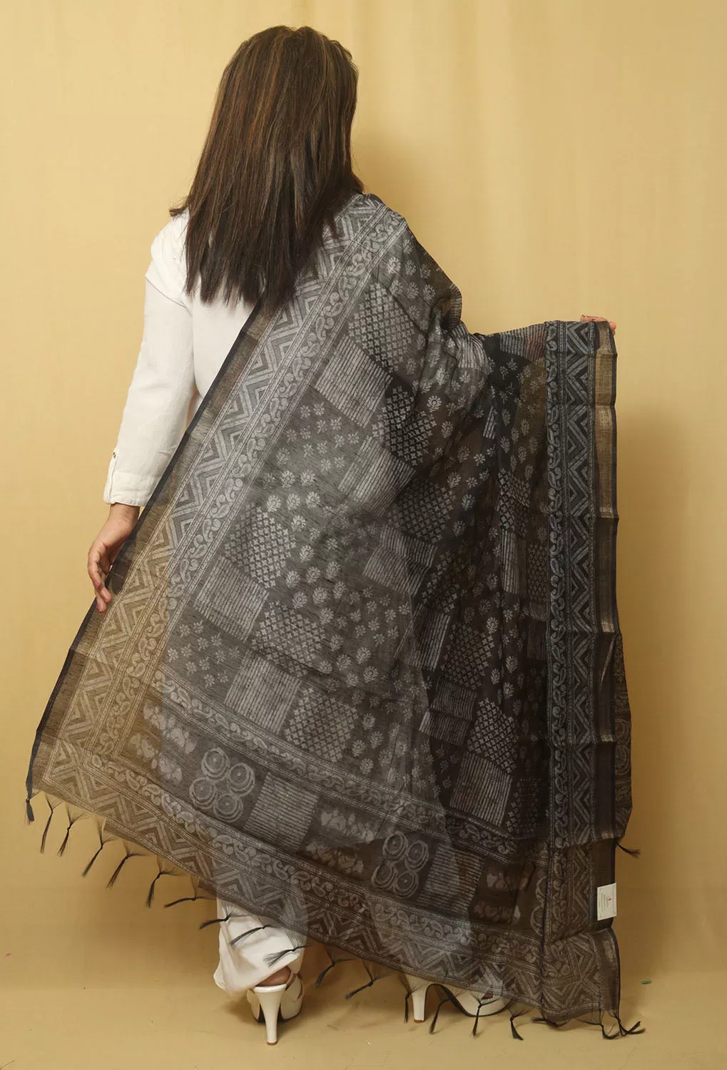 Block Printed Chanderi Silk Dupatta - Stylish Black Design