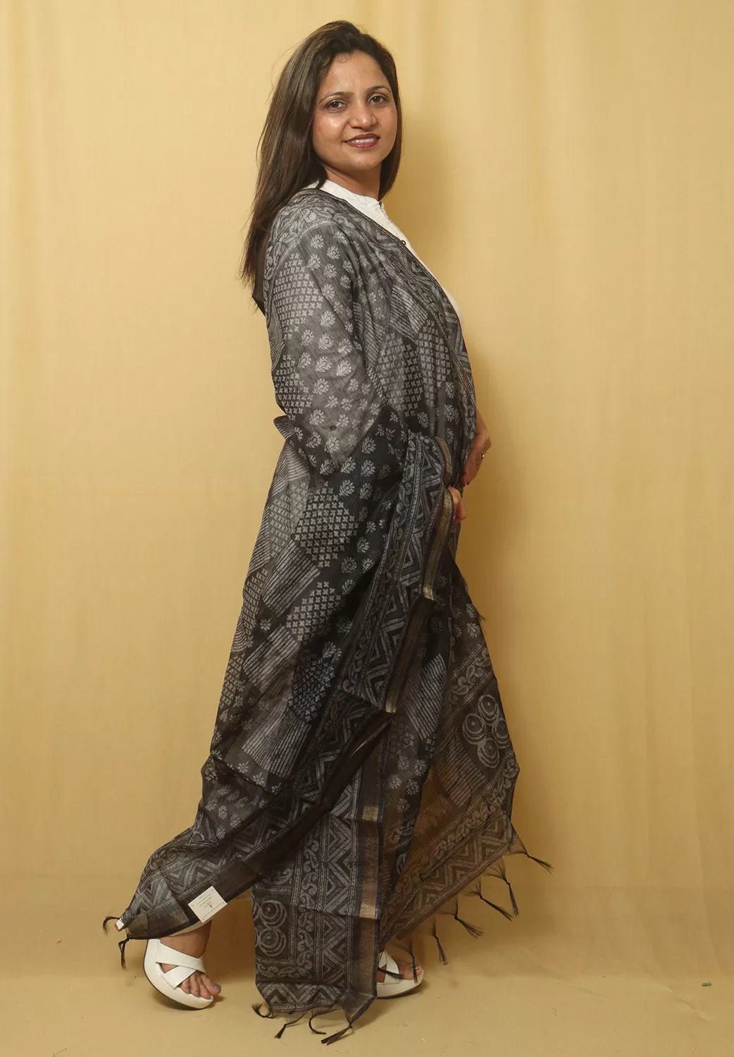 Block Printed Chanderi Silk Dupatta - Stylish Black Design