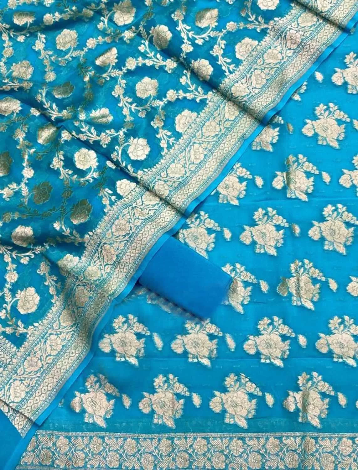 Blue Banarasi Georgette Suit Set - Handloom Pure Elegance