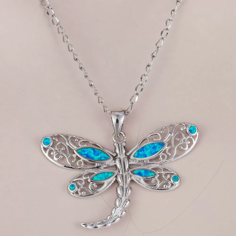 Blue Fire Opal Dragonfly Pendant Necklace