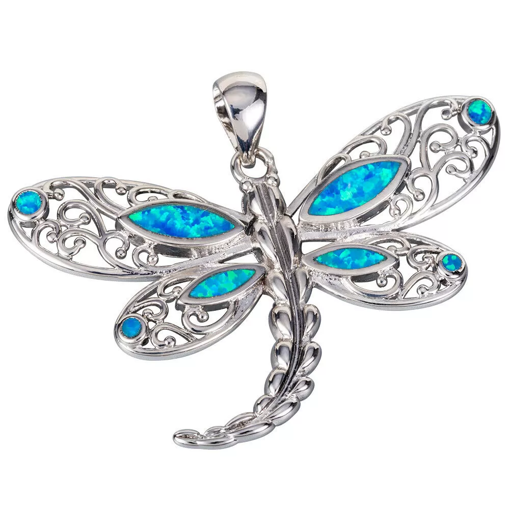 Blue Fire Opal Dragonfly Pendant Necklace