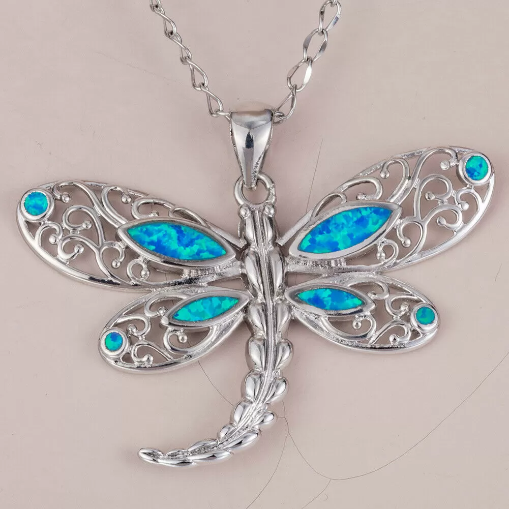 Blue Fire Opal Dragonfly Pendant Necklace