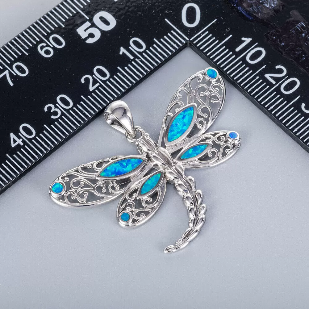 Blue Fire Opal Dragonfly Pendant Necklace