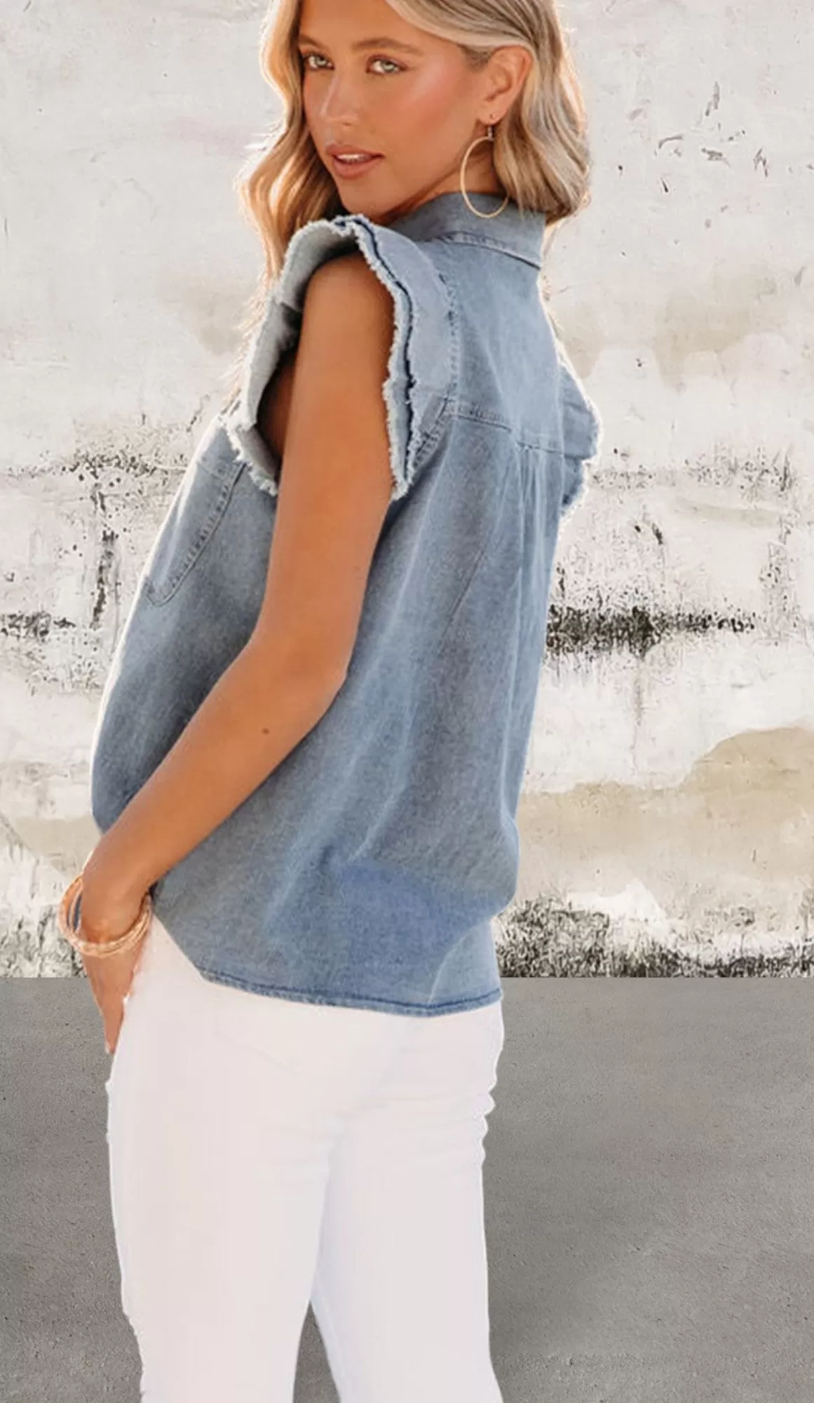 Blue Frayed Ruffle Short Sleeve Denim Shirt