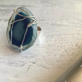 Blues Agate Wire Wrapped Adjustable Ring Silver