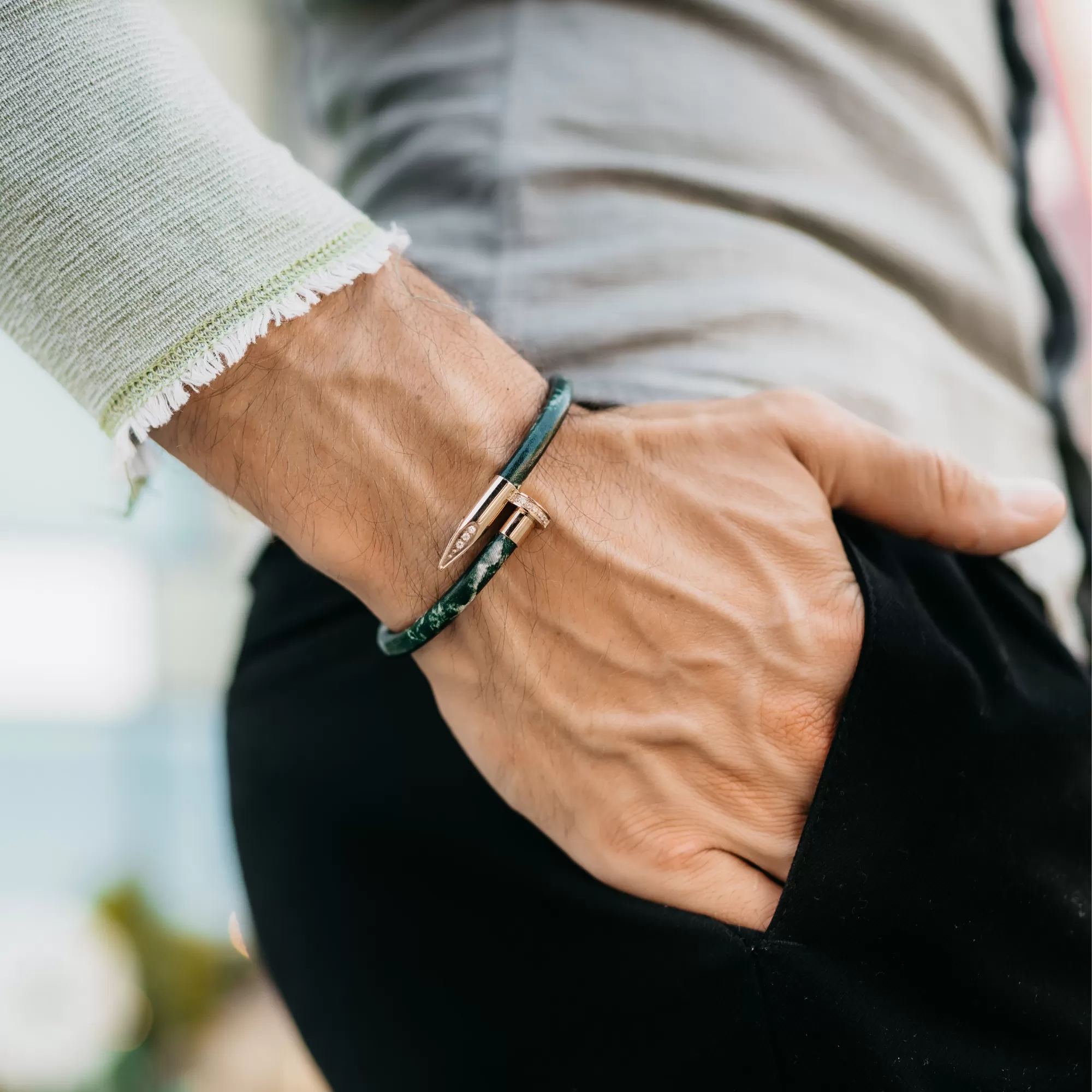 Bracelet Rose Gold Nail with Zircon Diamond - Green Leather