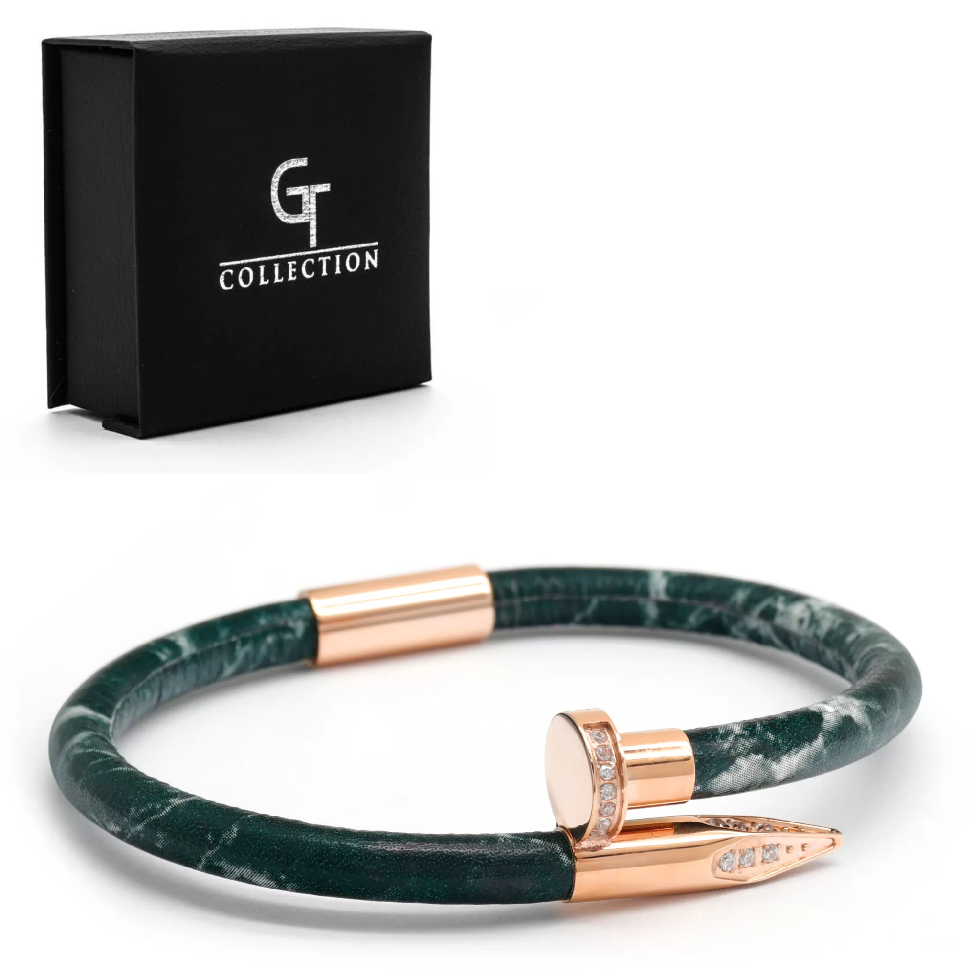 Bracelet Rose Gold Nail with Zircon Diamond - Green Leather