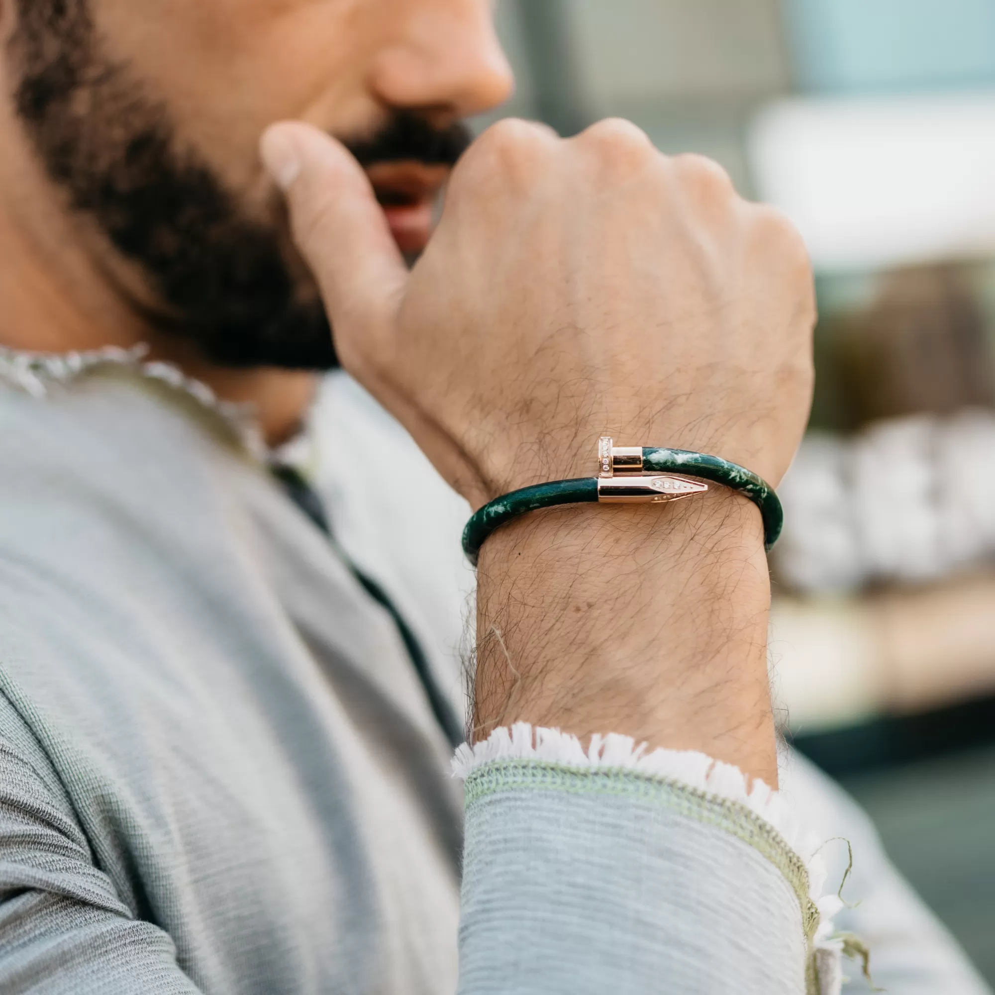 Bracelet Rose Gold Nail with Zircon Diamond - Green Leather