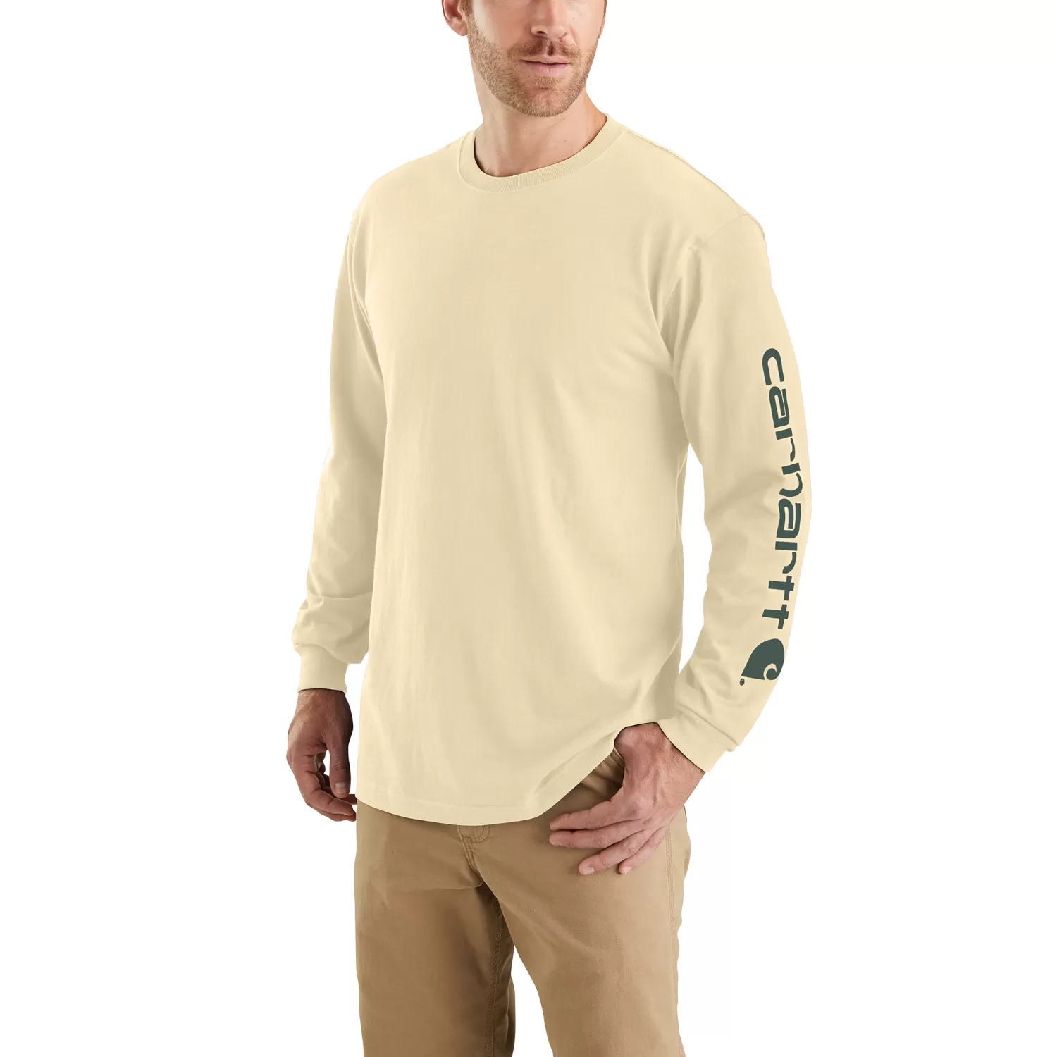 Carhartt Men's Signature Logo Long Sleeve T-Shirt_Oat Milk