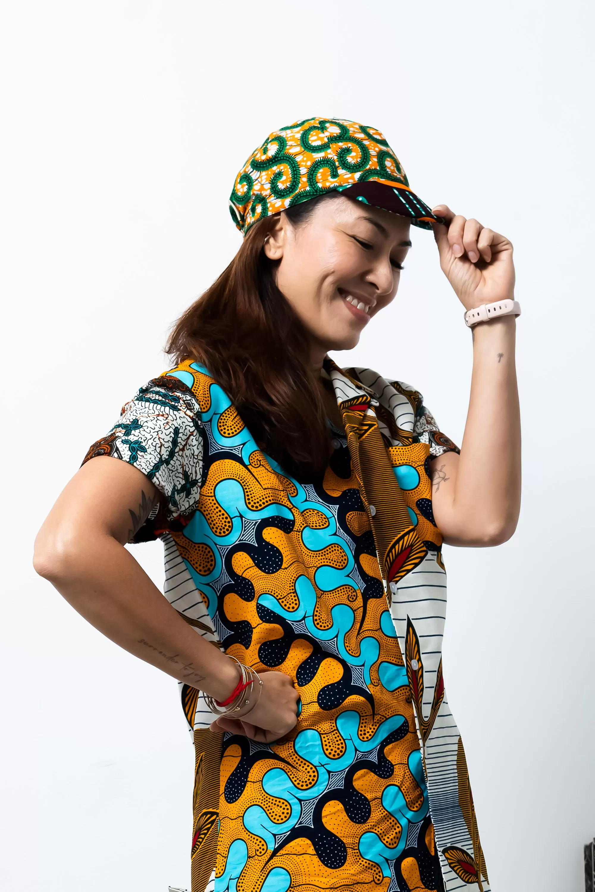 Colorful cycling cap - Green Orange and White African Ankara Wax Cotton Print - 11