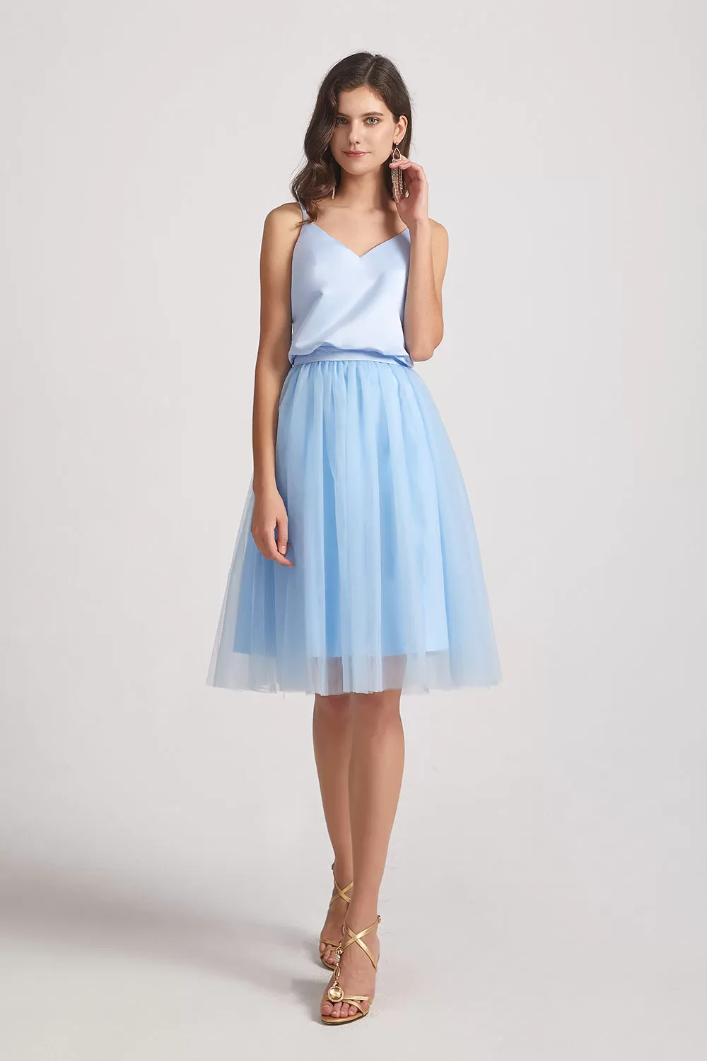 Cute V-Neck Satin Top Tulle Skirt Short Dress (AF0147)