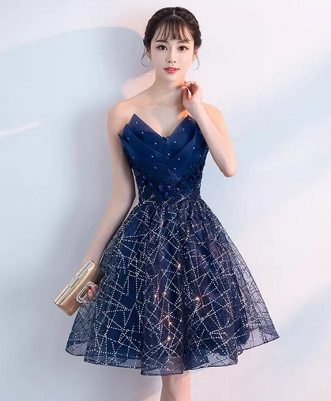 Dark blue v neck tulle sequin short prom dress, blue homecoming dress S94