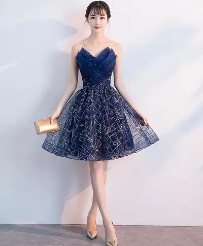 Dark blue v neck tulle sequin short prom dress, blue homecoming dress S94