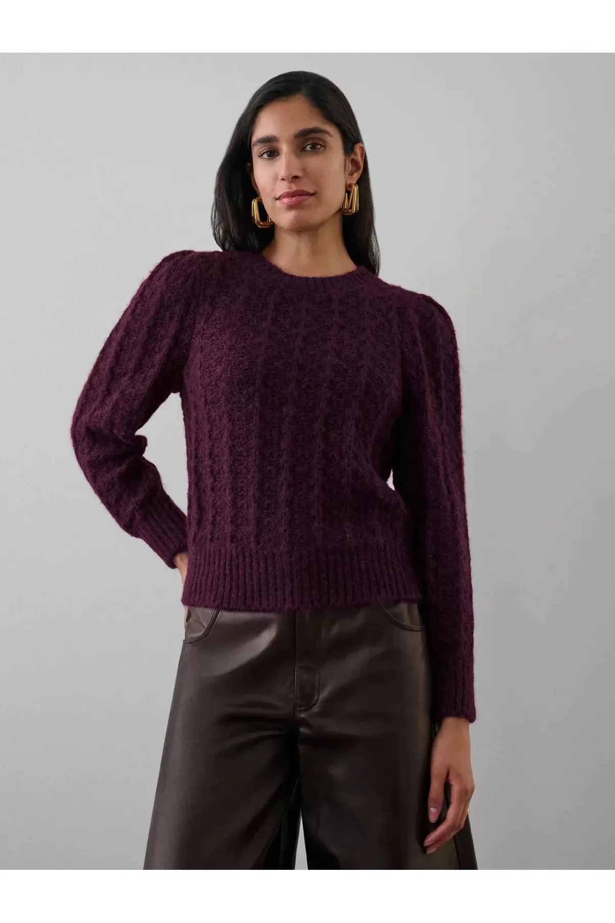 Dark Cherry Alpaca Pointelle Puff Sleeve Sweater