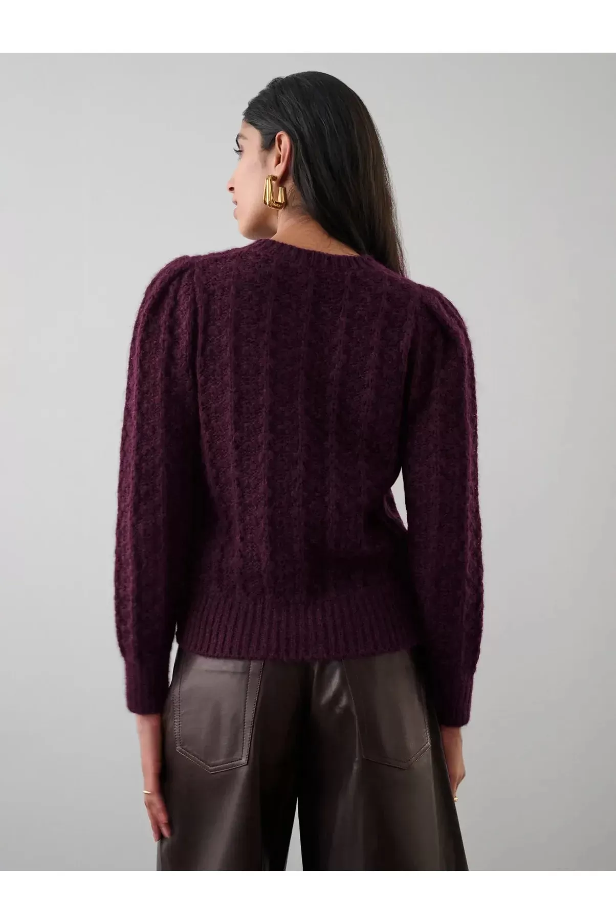 Dark Cherry Alpaca Pointelle Puff Sleeve Sweater