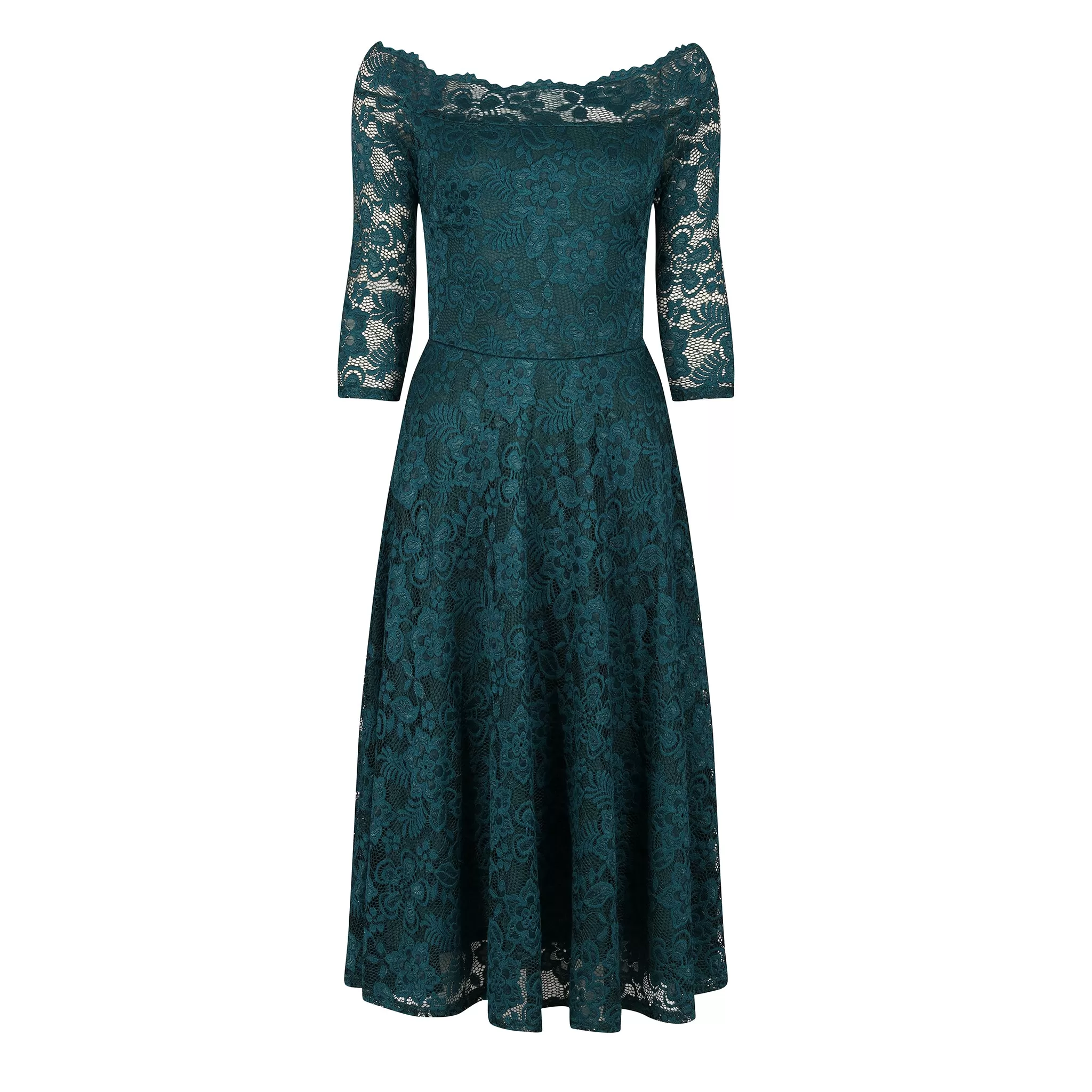 Emerald Green Lace Vintage Style Swing Dress With 3/4 Sleeves & Boat Neck