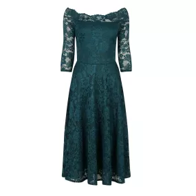 Emerald Green Lace Vintage Style Swing Dress With 3/4 Sleeves & Boat Neck