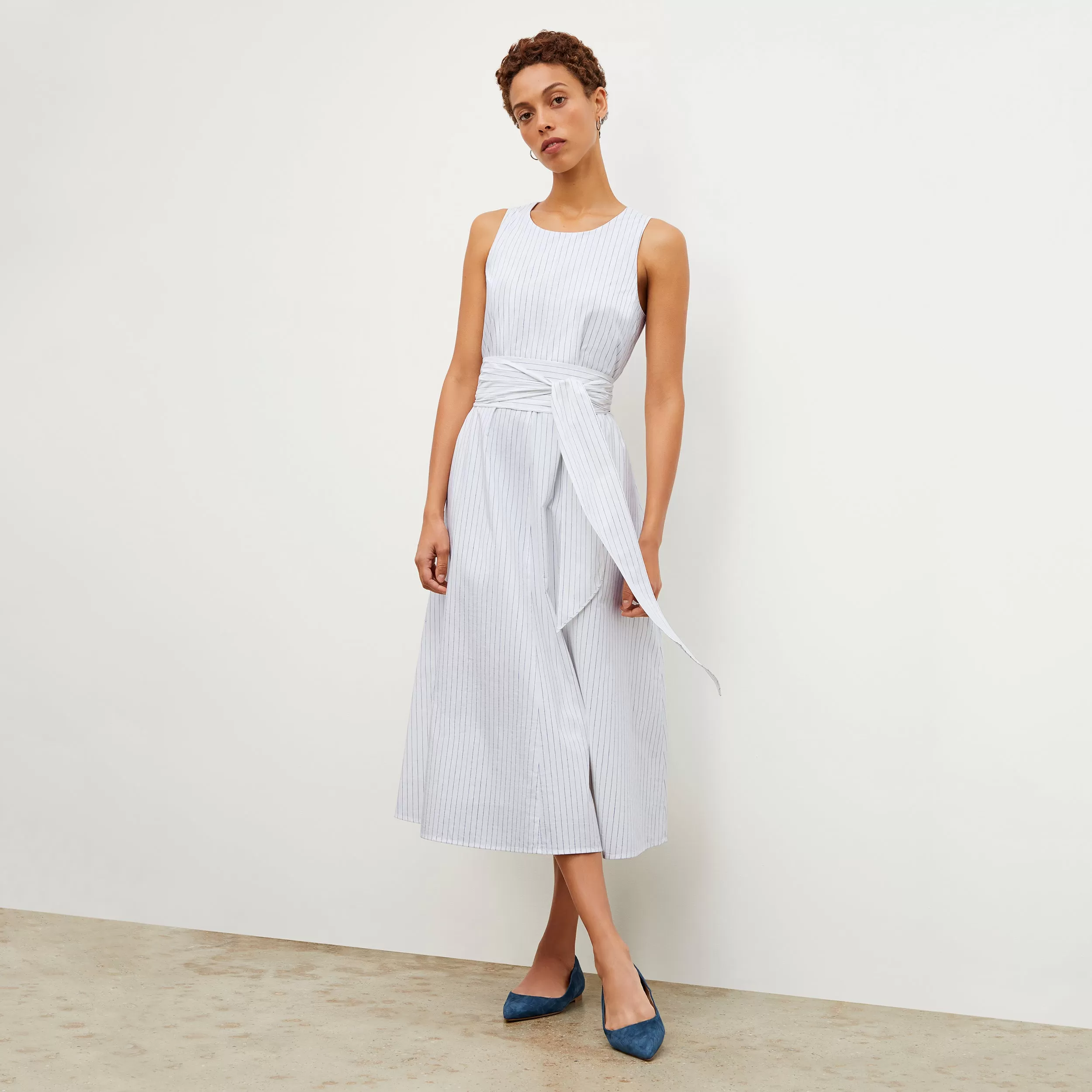 Fatima Dress - Poplin Stripe :: Blue / Ivory