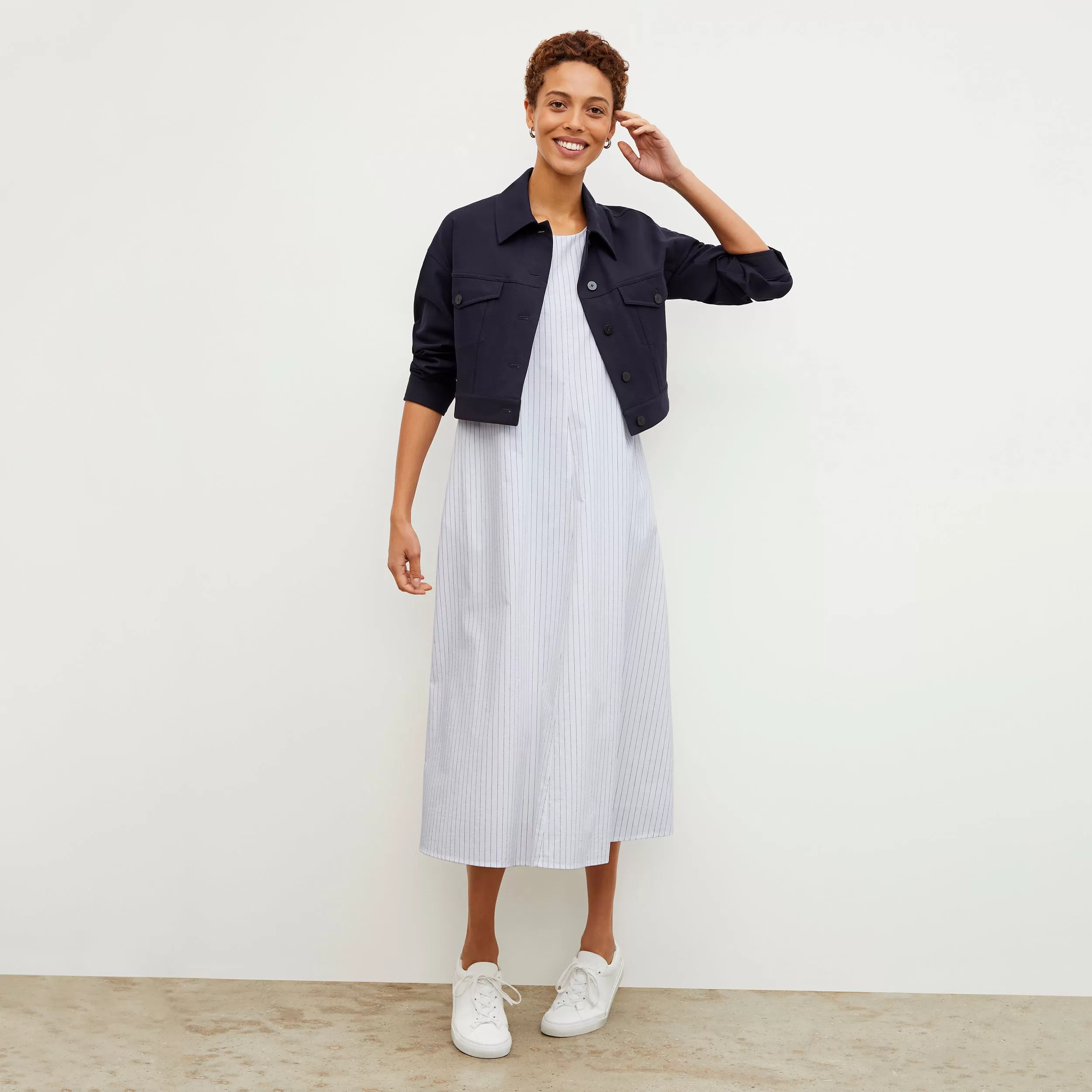 Fatima Dress - Poplin Stripe :: Blue / Ivory