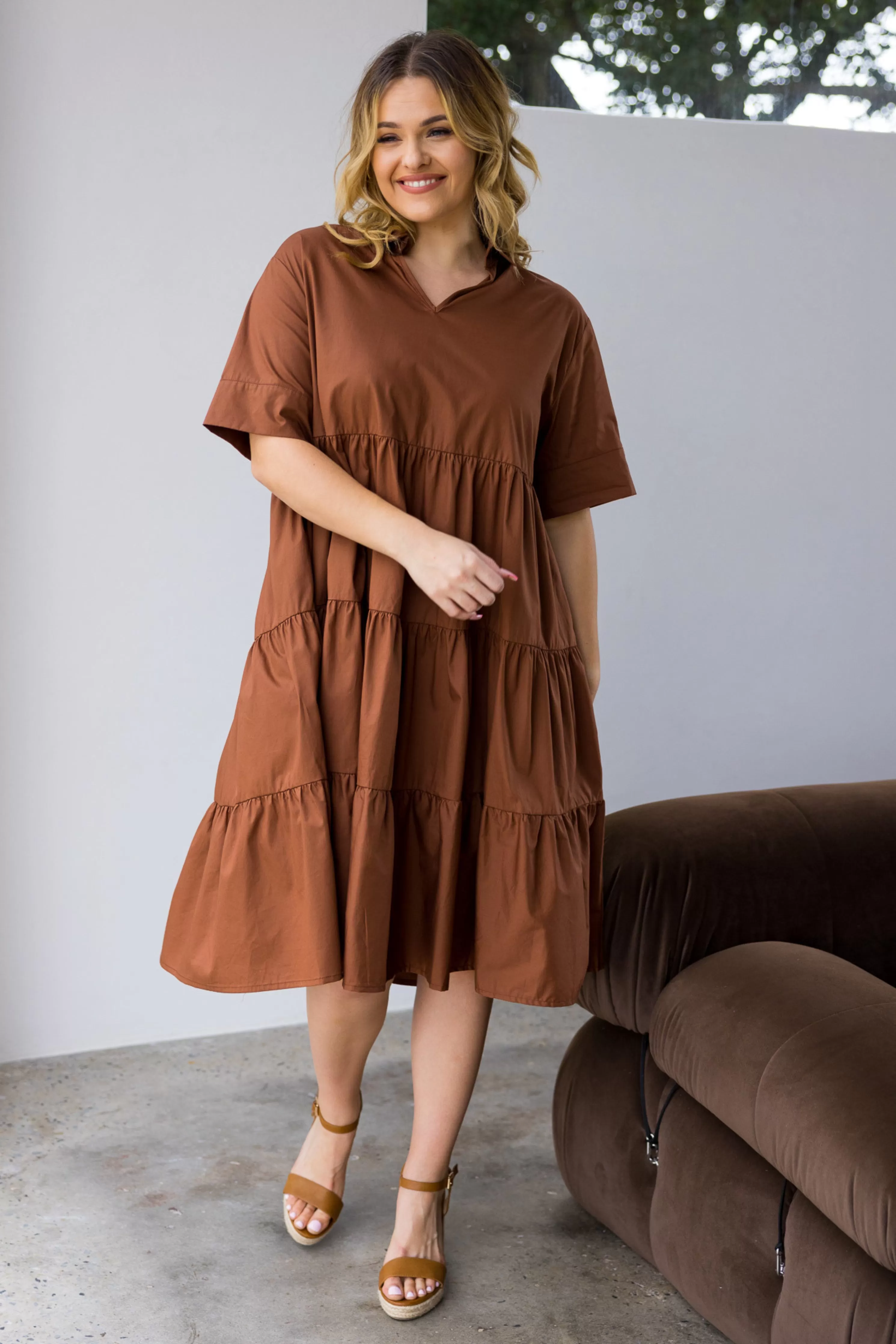 FINAL SALE Serenity Ruffle Dress in Cocoa