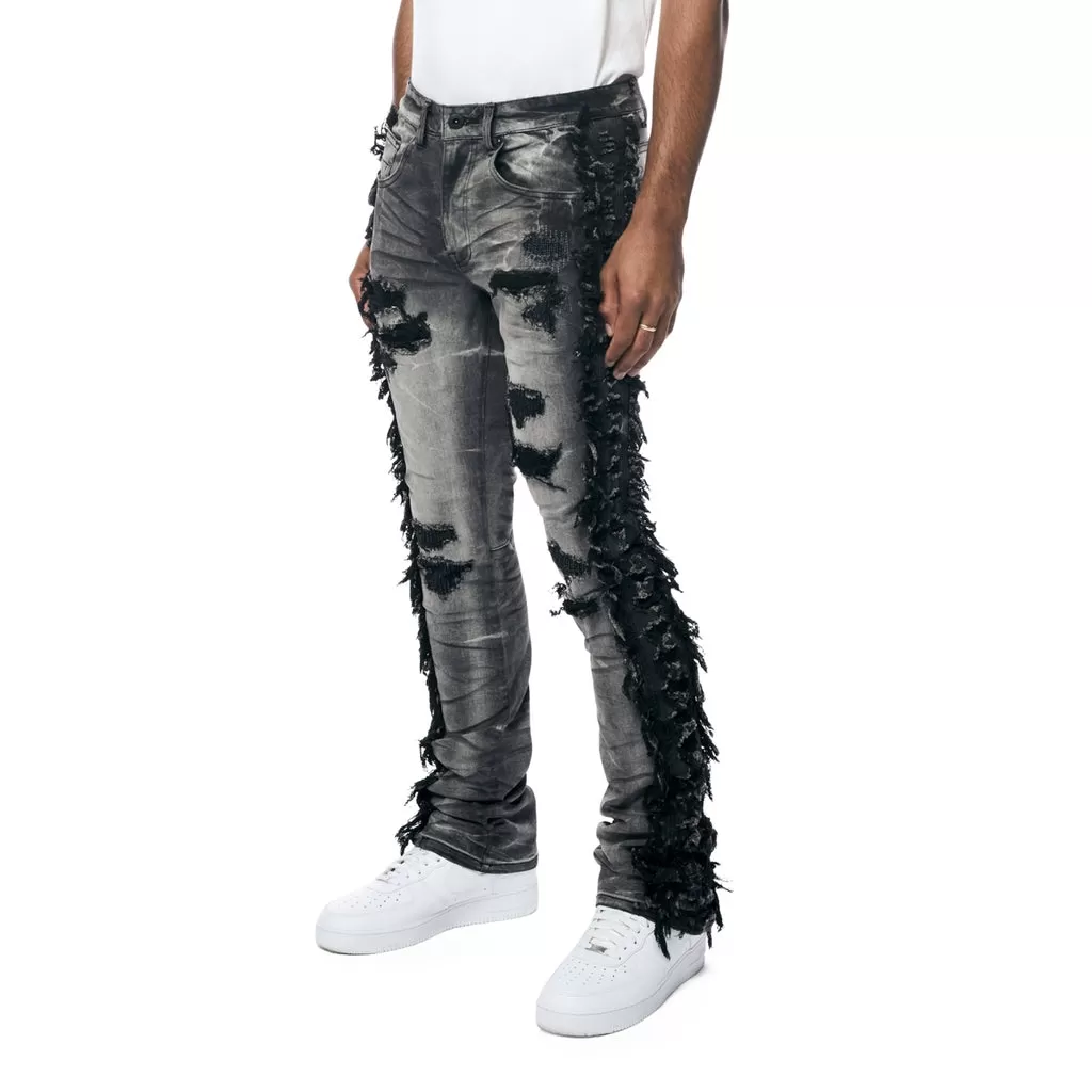 Frayed Stacked Denim Jeans - Lightning Black