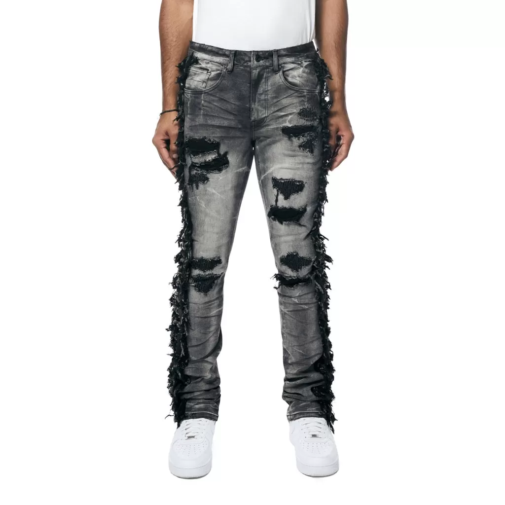 Frayed Stacked Denim Jeans - Lightning Black