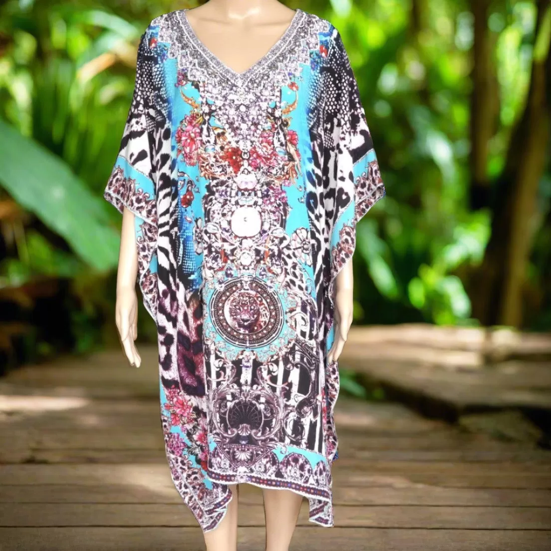 Garden Delight (blue) Short silk cold shoulder embellished Kaftan