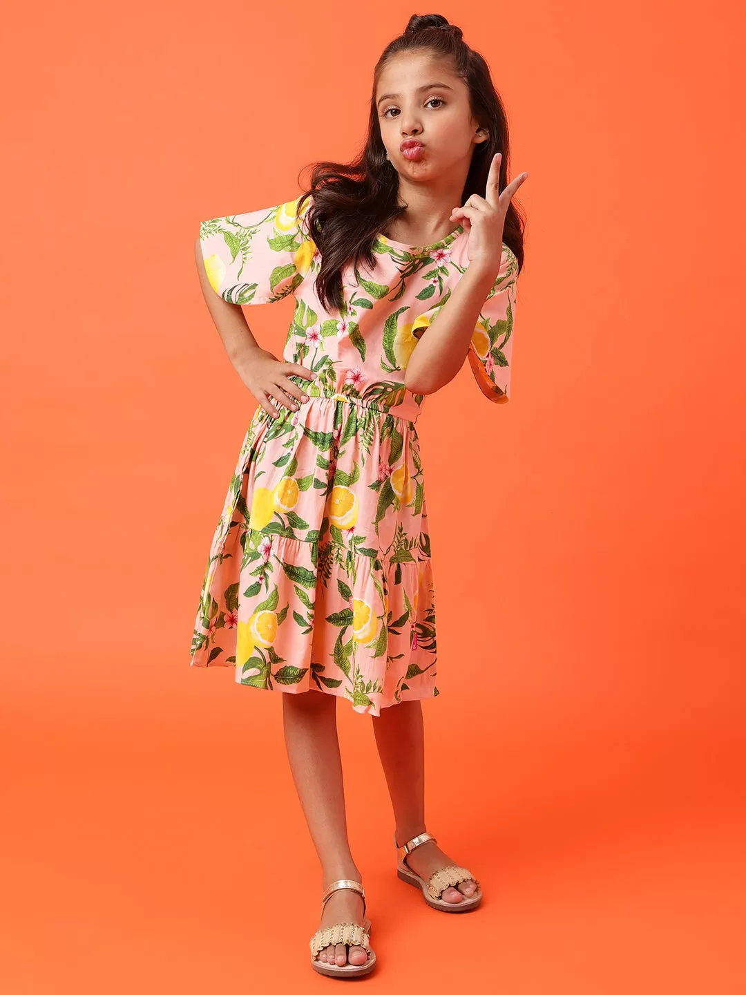 Girls Peach Leaf Printed Dress