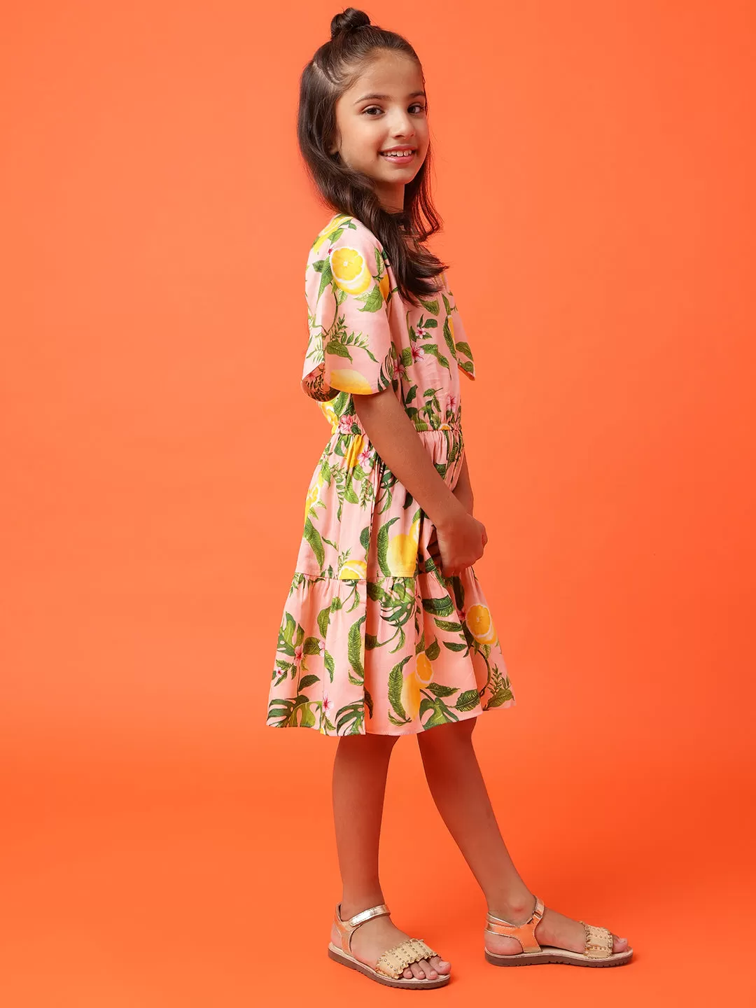 Girls Peach Leaf Printed Dress