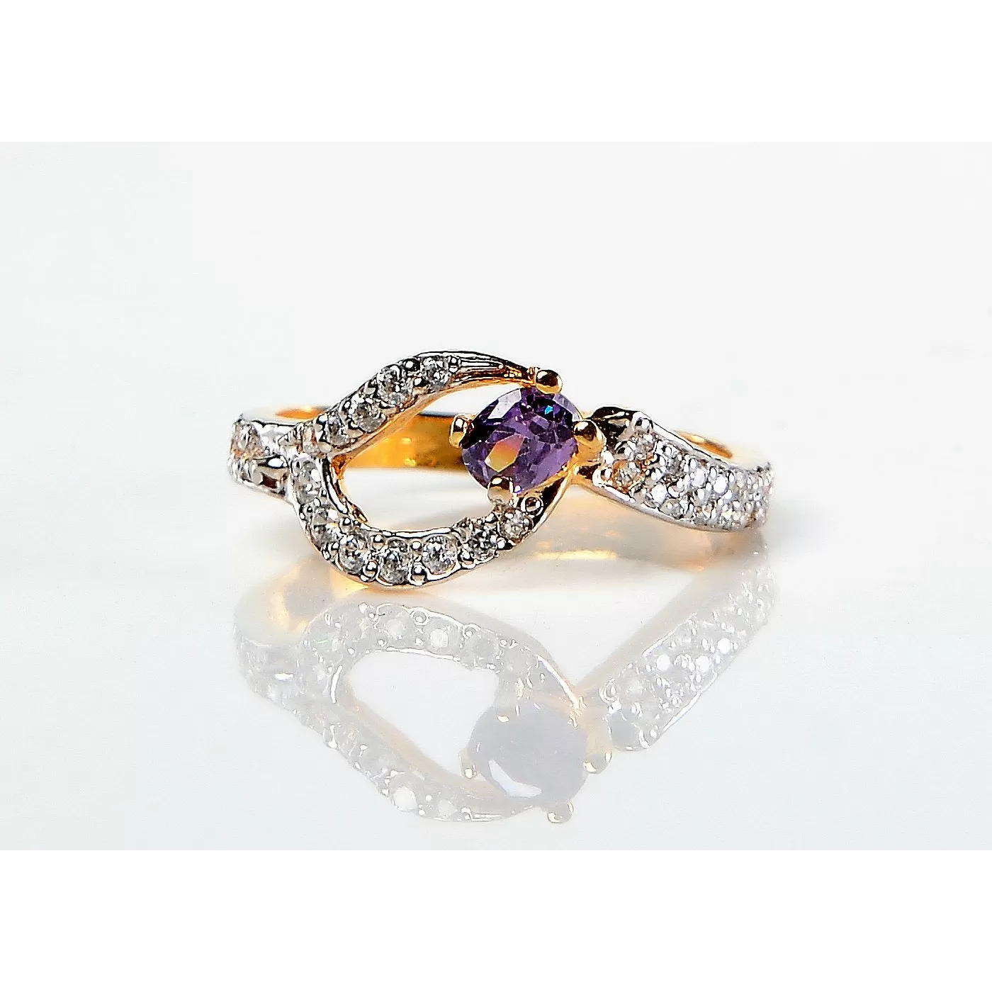 Gold Plated Amethyst/White Zircon Studded Ring (925 Sterling Silver)