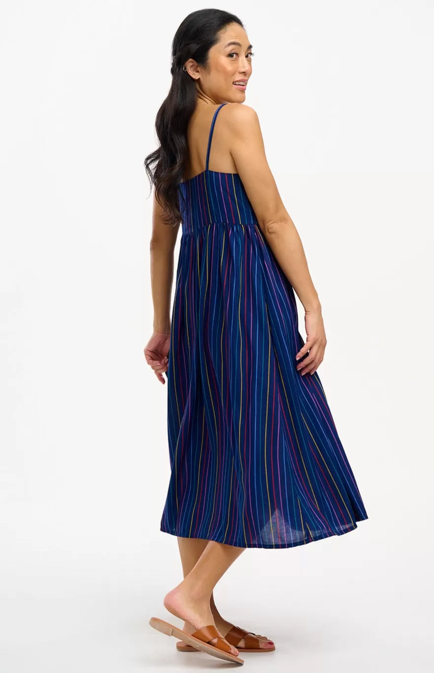 Gracie Midi Sundress - Navy, Thin Rainbow Stripe