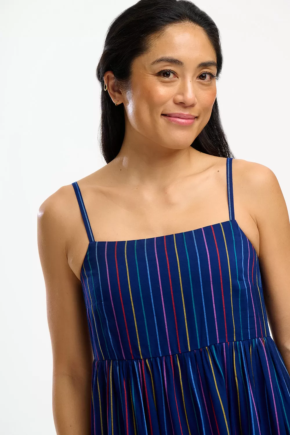 Gracie Midi Sundress - Navy, Thin Rainbow Stripe