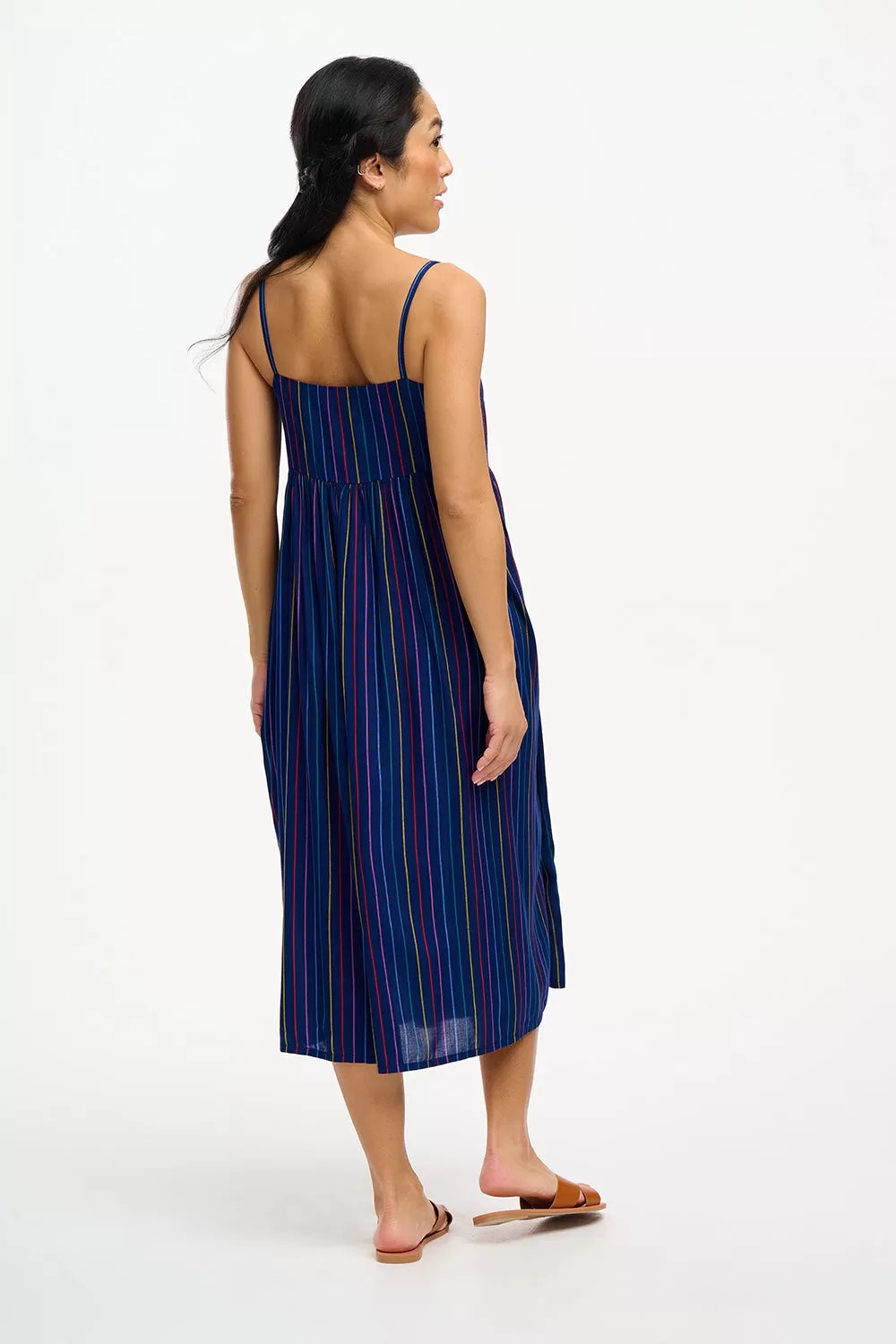 Gracie Midi Sundress - Navy, Thin Rainbow Stripe